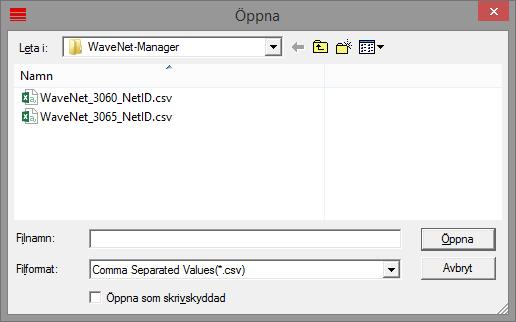 3 WaveNet Manager 22 / 87 WaveNetManager.exe WNIPDiscoveryLib.dll WNManager.ini Den senaste versionen av WaveNet Managers finns på www.simonsvoss.com under Infocenter/Downloads/WaveNet Manager. 3.2.3 Starta WaveNet Manager Manuellt 1.