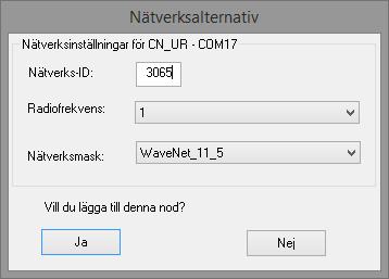 3 WaveNet Manager 27 / 87 Nytt nätverk Om ett nytt nätverk ska identifieras resp. skapas måste ett nätverks- ID anges. Möjliga tecken: 0, 1, 2, 3, 4, 5, 6, 7, 8, 9, A, B, C, D, E, F max. fyra tecken.