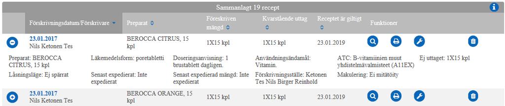 6.2. Receptförteckningens funktioner 6.2.1. Närmare receptuppgifter Du kan granska närmare uppgifter om ett recept på tre olika ställen i receptförteckningen.
