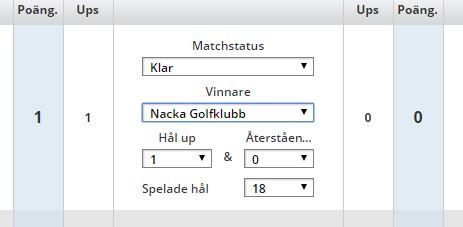 Då visas rutan nedan med spelarnas namn och Hcp. Vid resultatrapporteringen ska Matchstatus och Vinnare väljas samt resultaten som Hål upp & Återstående rapporteras. Se nedan hur det går till.