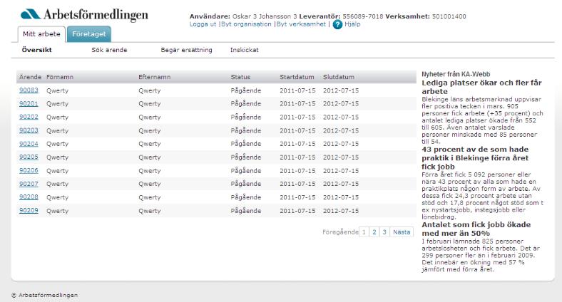 Sida: 19 av 19 Avsnitt tillhörande gemensam del Verksamheten och de ärenden som finns där Mitt arbete - Översikt Användaren kan byta organisation alt verksamhet inom den