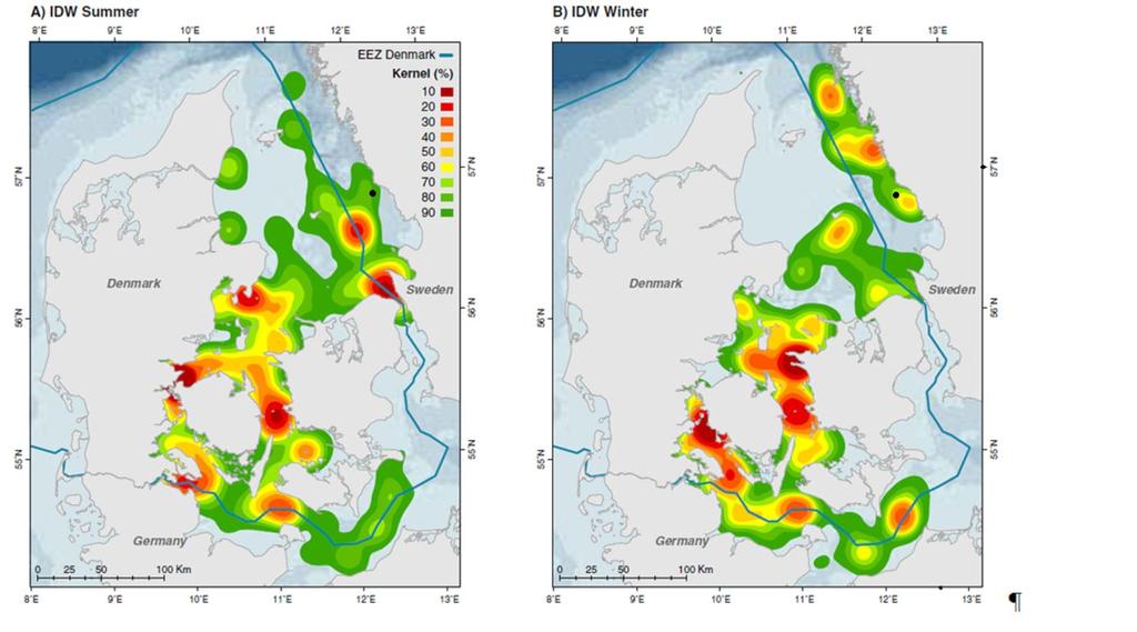 Figur 2. Täthet av observationer av märkta tumlare. Uppskattning i 10 % intervall baserat på vistelsen hos 37 tumlare märkta i farvattnen mellan 1997-2007.