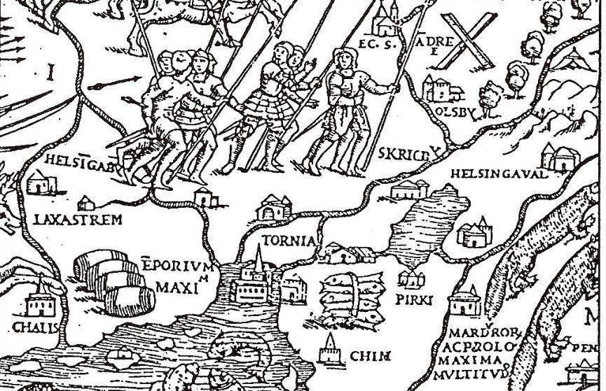 8 Olaus Magnus: Exportum Maxi från Torneå, Laxaström(Lohiniva?), Pirki(Pirkkiö,) Helsingaby(Kainuunkylä), Helsingavall(Kainuun maaraja, Hälsingbyns gränsvall?