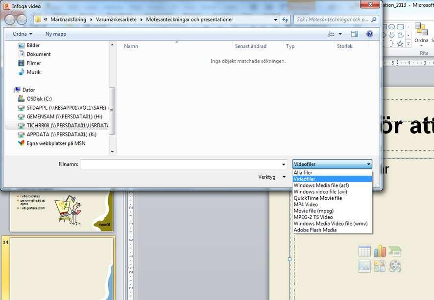 Sida 10 (11) E. Om du vill infoga film- eller ljudklipp i din powerpointpresentation klickar du på ikonen Infoga medieklipp. När du gör det, får du upp en dialogruta med din mappstruktur.