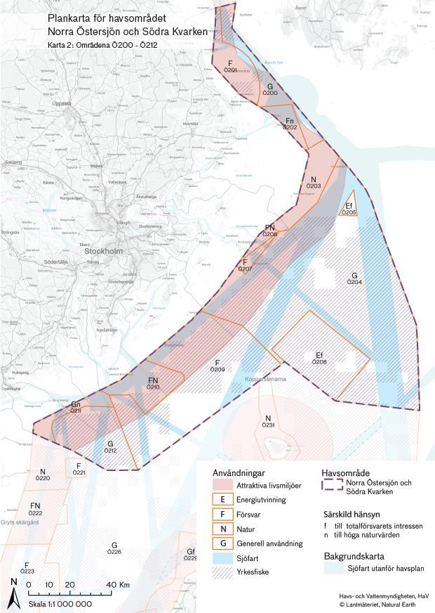 Figur 6 Plankarta över havsområdet Norra Östersjön och Södra Kvarken. Områdesnummer finns i kartan och områden med särskild hänsyn till höga naturvärden markeras med n.