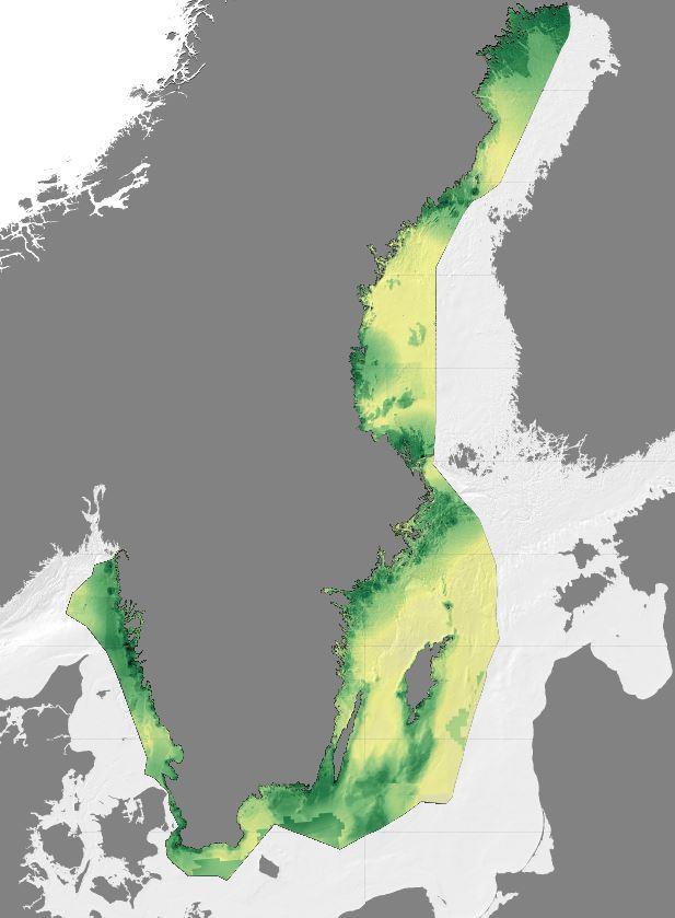 5.4.6 Gröna kartan Utöver analyser av kumulativa miljöeffekter har Havs- och vattenmyndigheten inom arbetet med planeringsstödet Symphony tagit fram en karta som beskriver aggregerade ekologiska