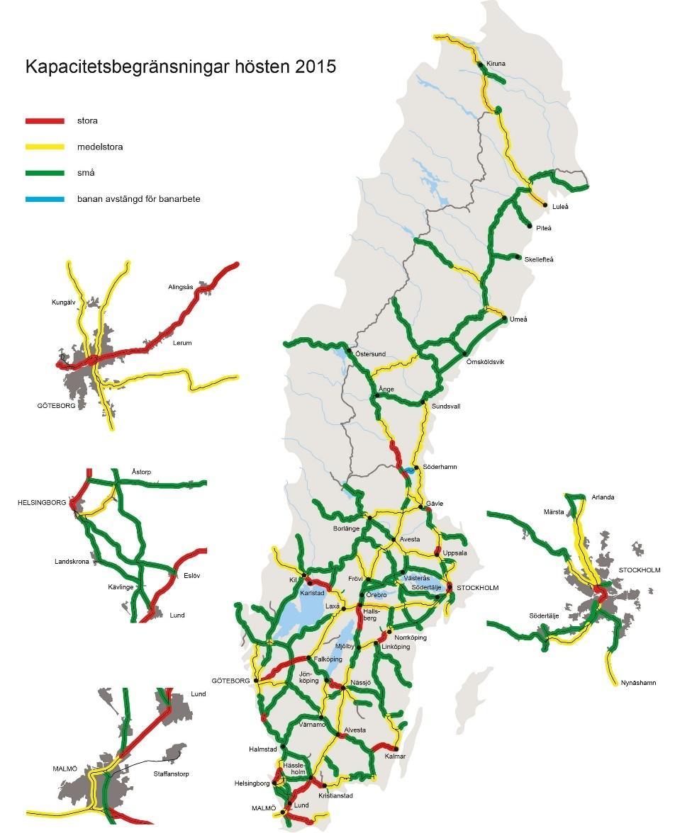 Allvarliga kapacitetsbegränsningar finns i storstadsområdena Stockholm, Göteborg och Malmö.