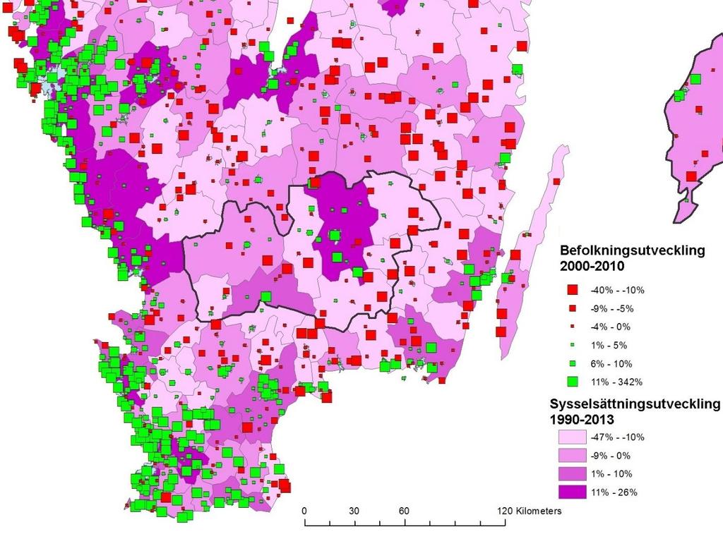 Mellan 1990-2014 har 10 kommuner inom regionen haft en befolkningstillväxt 88 % av tillväxten har skett i kommunerna Jönköping, Växjö och Kalmar Mellan 2000-2014 har 14 kommuner haft en tillväxt