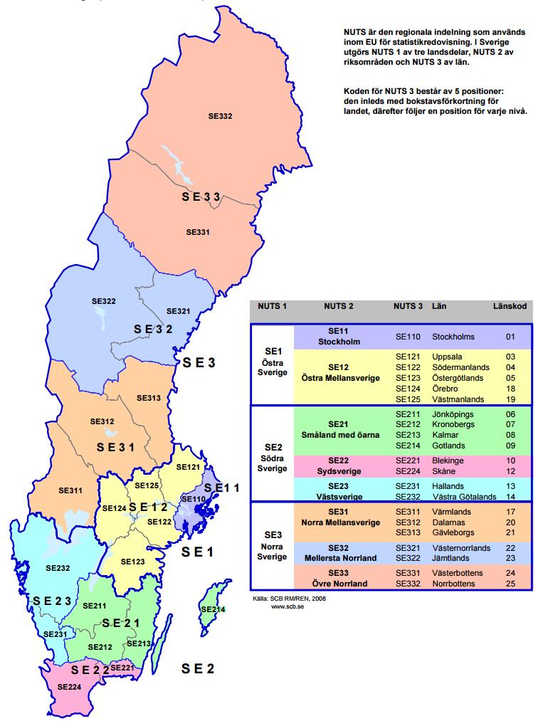 Tre regioner (NUTS 1) Åtta