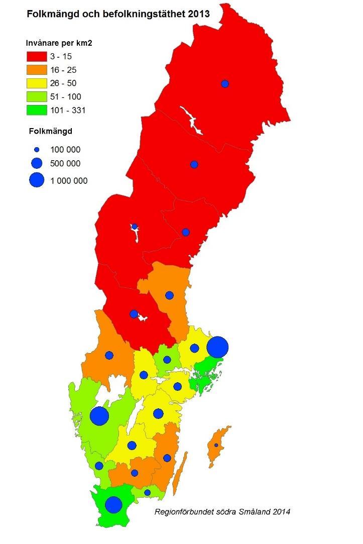 25 invånare per/km2 glesast i södra