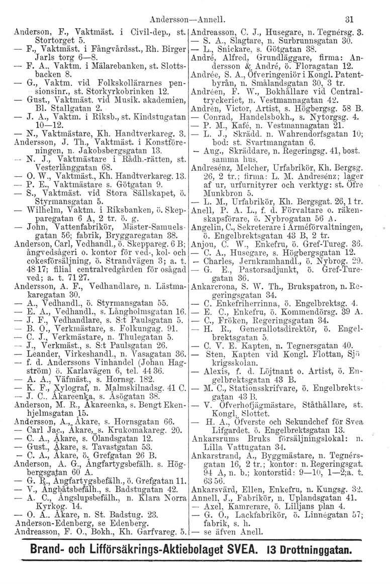 Anderson, F., Vaktmäst. i Stortorget 5. F., Vaktmåst. i Fångvårdsst., Rh. Birger Jarls torg 6-8. F. A. o Vaktm. i Mälarebanken, st. Slottsbacken 8. G., Vaktm. vid Folkskollärarnes pensionsinr., st. Storkyrkobrinken 12.