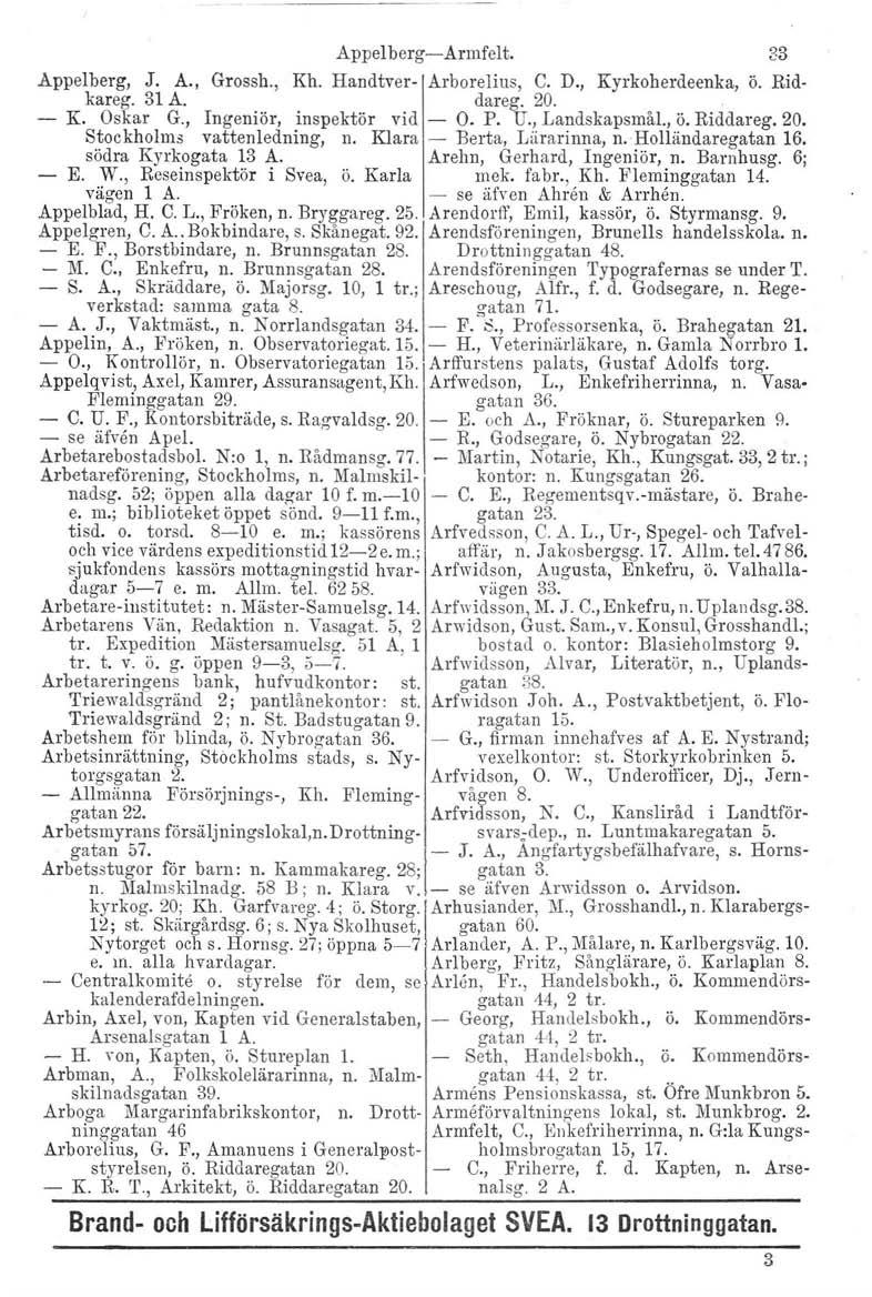 Appelberg-Armfelt. 33 Appelberg, J. A., Grossh., Kh. Handtver- Arborelius, C. D., Kyrkoherdeenka, ö. Ridkareg. 31 A. dareg. 20. K. Oskar G., Ingeniör, inspektör vid - O. P. U., Landskapsmål., ö. Riddareg.