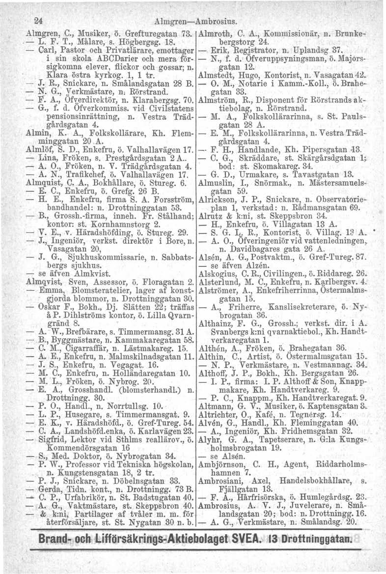 24 Almgren-Ambrosius. Almgren, C., Musiker, ö. Grefturegatan 73. Almroth, C. A., Kommissionär, n. Brunke-.- L. F. T., Målare, s. Högbergsg. 18. bergstorg 24.