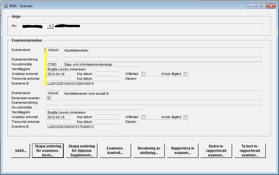 2015-06-27 14 (74) Bilagor: Formulär och hjälptexter [RS41A00G] RS41A00G - Examen Senast uppdaterad: 2012-12-10 I denna funktion kan du lägga in bevakning av slutbetyg på kurser, skapa underlag för
