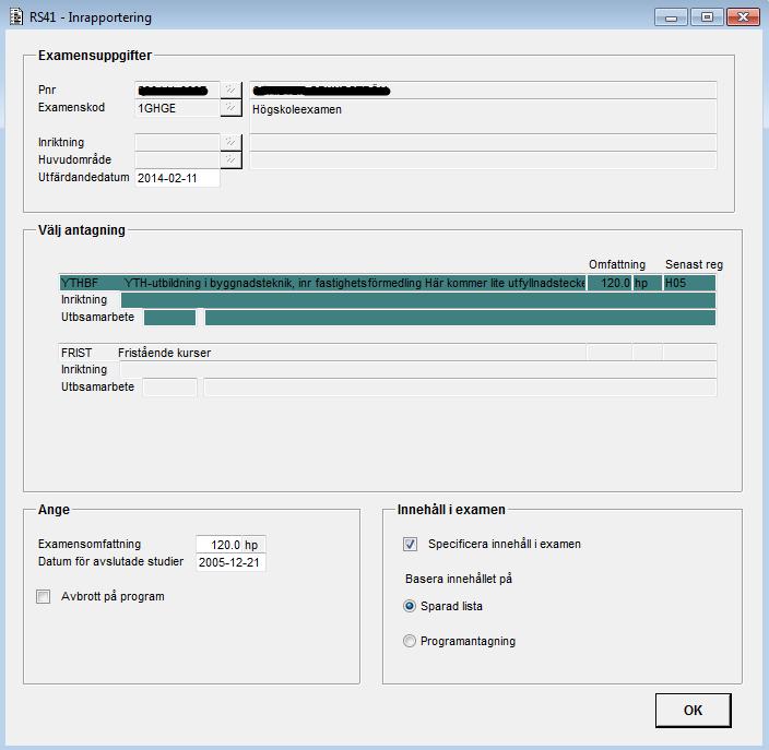 2015-06-27 59 (74) [RS41D00G] Bilden visar utseendet när användaren valt att specificera innehållet (kurserna) i examen.