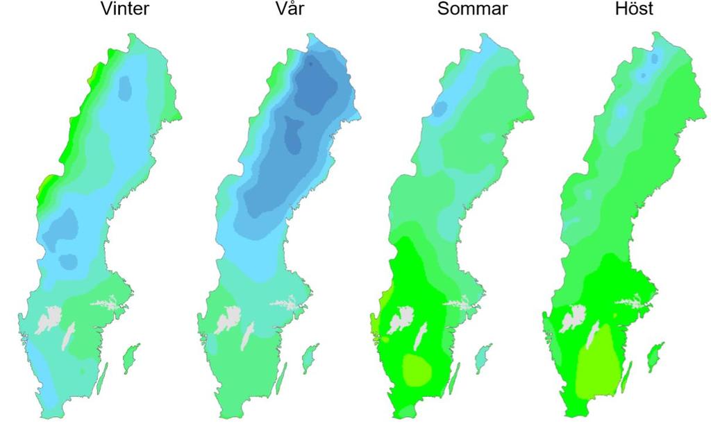 Kraftig nederbörd och höga flöden I det framtida klimatet förväntas nederbördsmängderna öka i de flesta delar av landet men i de sydöstra kan det istället bli mindre nederbörd än idag.