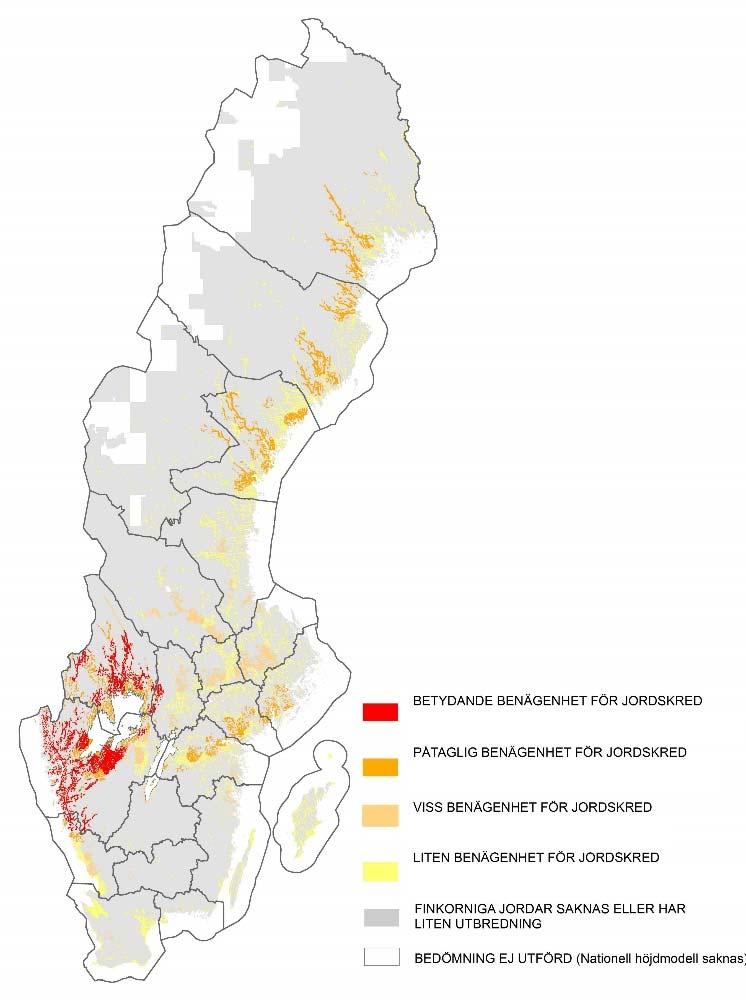 Figur 6.4 Riksöversikt finkorniga jordars skredbenägenhet Källa: Sveriges geologiska undersökning (SGU) Figur 6.