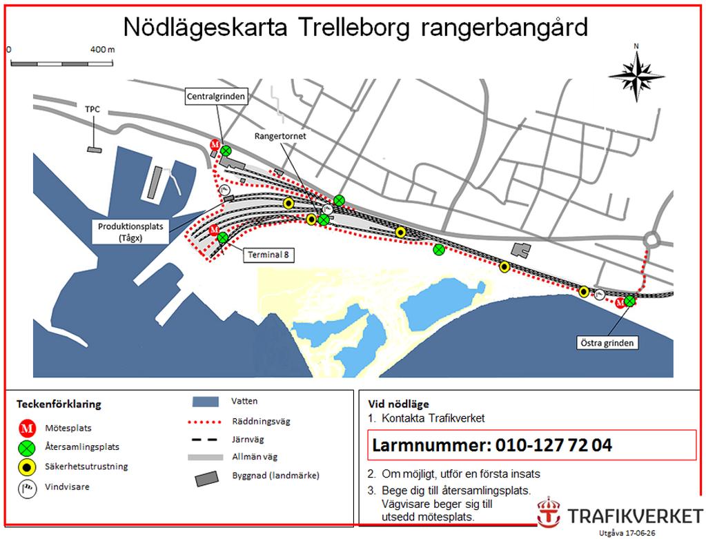 E44 UNDERLAG TILL LINJEBOK TRAFIKVERKET Vid ett nödläge på Trelleborg rangerbangård kommer ett tyfonlarm att ljuda och följas av ett högtalarutrop om vad som hänt och på vilken plats nödläget