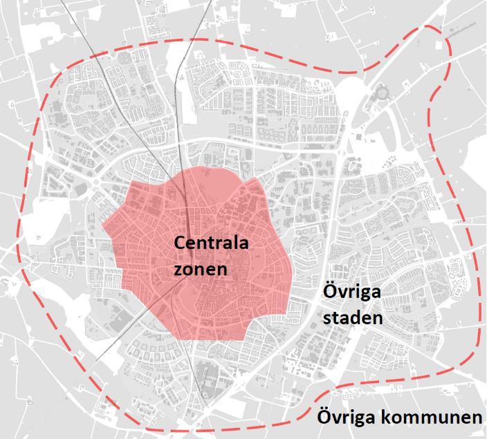 Zönindelning Efterfrågan på bilparkering ser olika ut i olika delar av. Detta beror bl a på närhet till service, tillgång till kollektivtrafik och avgiftsnivån på parkering.