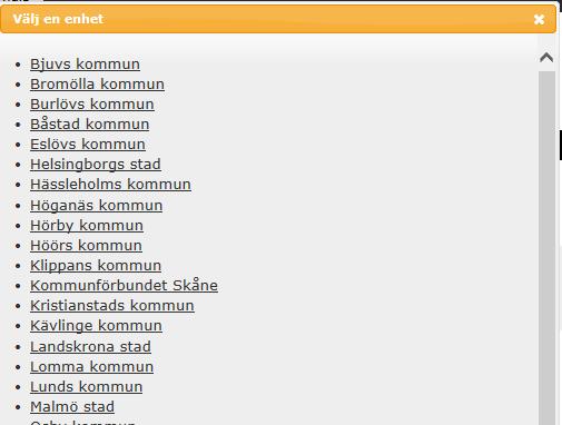 Enhetsväljaren visar Region Skånes och samtliga kommuners enheter (presenteras i bokstavsordning).