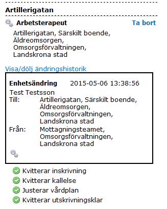 Följande meddelade visas, klicka på OK för att fullfölja ansvarsflytten. Flytten genomförs till den nya enheten och därmed försvinner ärendet från enhetens startsida.