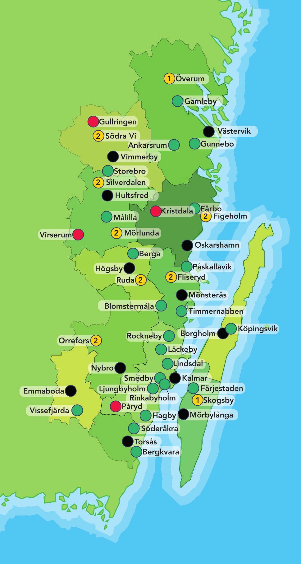 Lokalt Den följande kartbilden beskriver nåbarheten till centralorten i varje kommun från samtliga orter med >500 invånare i den egna kommunen.