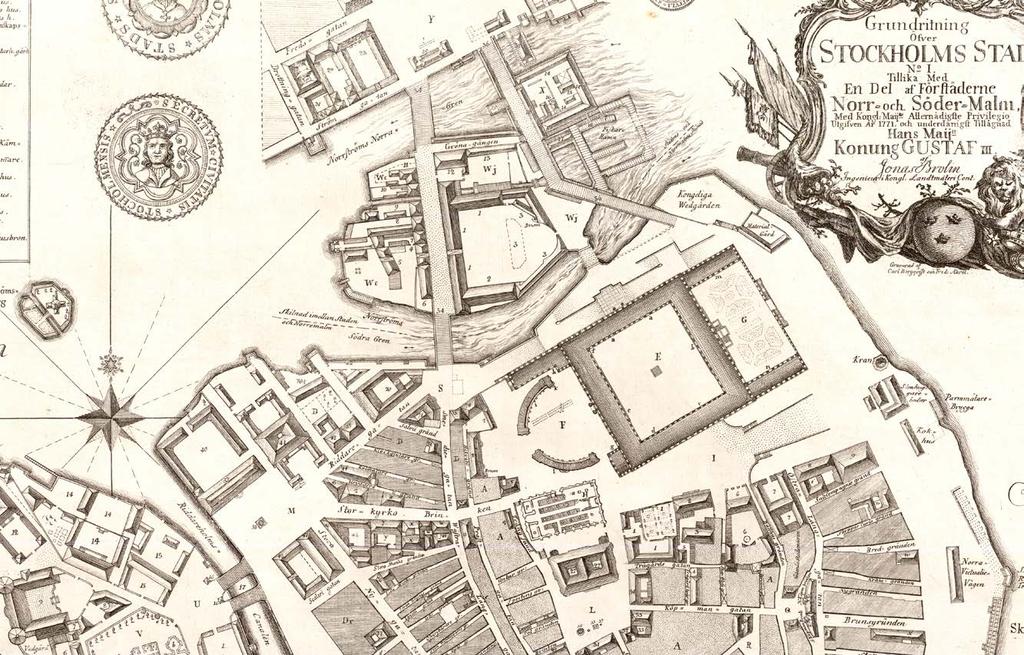 1771 års karta över Gamla Stan/Stockholmskällan Ståndens sammanträdeslokaler under perioden 1765 1830. 1. Adeln i Riddarhuset. 2. Prästerna i Storkyrkan. 3.