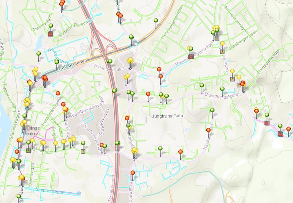 Figur 12 Utdrag ur GIS-portalen, för kommundelen Handen Kriterier för klassificering av GCM-passage, enligt Trafikverket 2014 Grön ( säker ) om: 1. Passagetyp = planskild passage överfart/underfart 2.