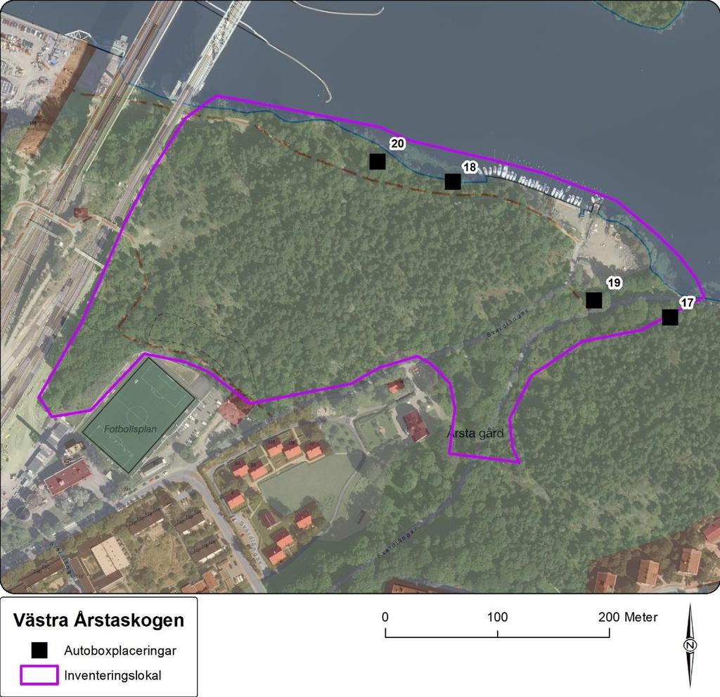 Figur 7. Västra Årstaskogen inventerades med fyra autoboxar.