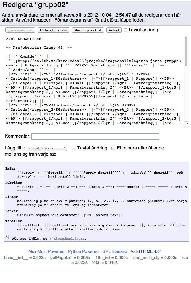 Projektwikin Wikin - syntax Detta behöver ni veta om wikin: Man redigerar sidorna i en webbläsare Det finns en enkel syntax Emfas ''kursiv'' '''fetstil''' '''''kursiv fetstil''''' Rubriker = Rubrik 1