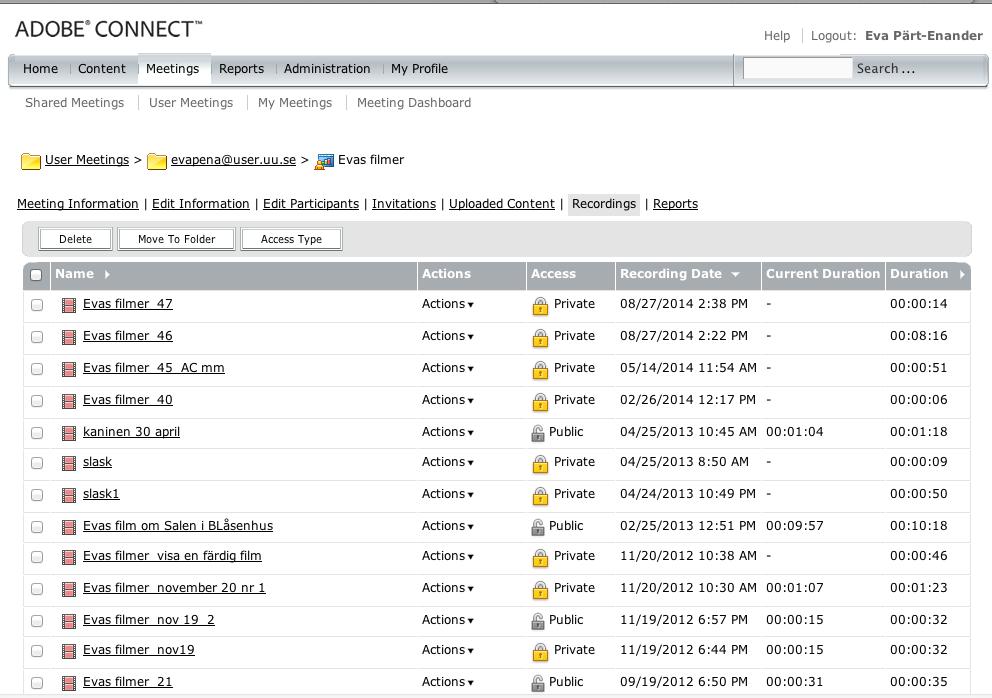 Sida 7 av 14 13. Välj sedan Recordings så får du länkar till filmer du har skapat när du var inloggad i detta rum. 14. I denna vy ser du alla inspelningar du gjort för detta rum.