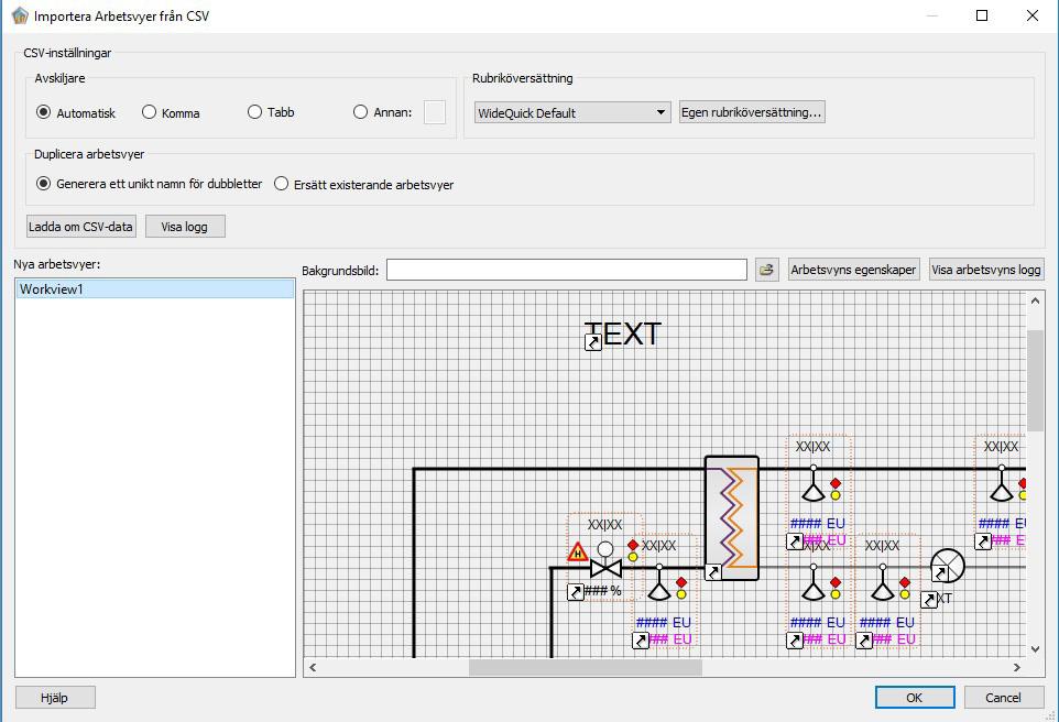 Rad 2 i CSV-filen skapar en ny arbetsvy, med upplösningen 1920 x 1080, och med namnet Workview1.