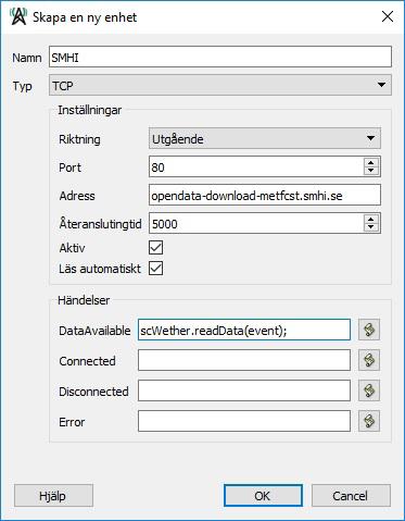 I detta exempel lägger vi in SMHI:s server, där man kan hämta data för väderprognoser.