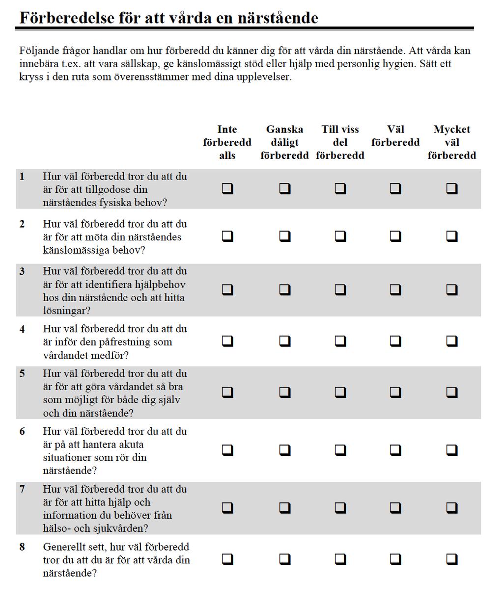 Preparededness for Caregiving Scale Förberedelse för att vårda Kan användas vid: -utskrivning