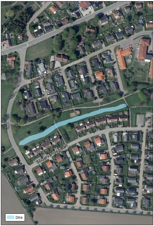3.2.2 Åtgärdsförslag SV-2. Dike i grönområde mellan Felestadsvägen och Södervångsgatan. Lokalisering: Södra Svalöv drabbades kraftigt av översvämning i samband med ett skyfall år 2000.