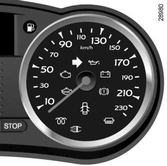 INSTRUMENTPANEL: Displayer och visare (2/3) 5 Hastighetsmätare 5 (km eller miles i timmen) Ljudsignal för hastighetsvarning En ljudsignal hörs under cirka 10 sekunder var 40:e sekund, om bilens