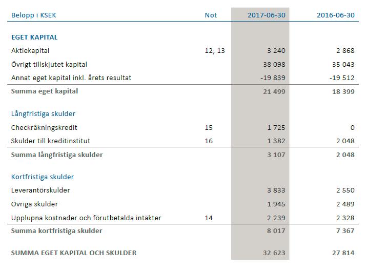 Koncernens balansräkning - eget kapital och skulder, 2016/2017 Egna kapitalet uppgick till 21,5 Mkr, en ökning med 3,1 Mkr, främst p.g.a. nyemission genom optionsinlösen 2016.