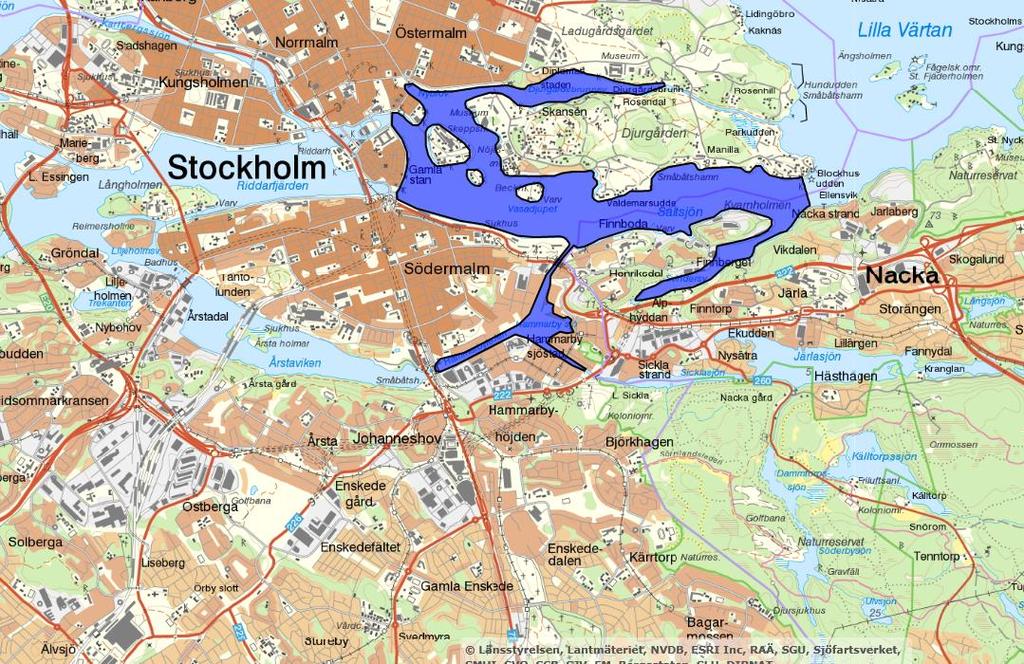 Figur 3-4. Utredningsområdets ungefärliga läge (markerat med röd cirkel) i förhållande till recipienten Strömmen (mörkblå). 3.3 Vattenskyddsområden och markavvattningsföretag Det aktuella utredningsområdet ligger inte inom någon skyddszon för vattenskyddsområde och omfattas inte av något markavvattningsföretag.