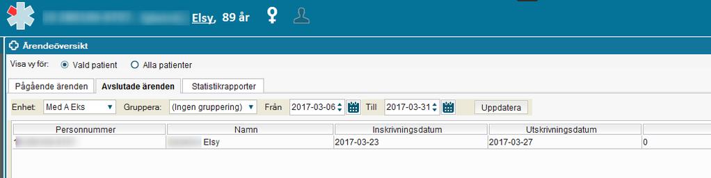 Bild 2 Ställ in rätt datumintervall för att söka fram patienten Fliken Avslutade ärenden med valt datumintervall Bild 3 Skriv in aktuell