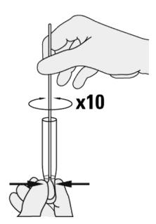 6. Kläm ihop provrörets nedersta del mellan tummen och pekfingret och snurra provpinnen 10 gånger.