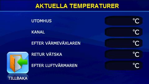DRIFT & MANÖVER Ventilationsaggregat Recom 2 & 4 13. Aktuella temperaturer. För visning av aktuella temperaturer välj aktuella temperaturer i Teknikermenyn och tryck OK.