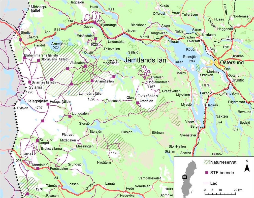 ungefär 570 stycken (Svenska Turistföreningen, u.å.) Dessutom ligger Fältjägarstugan strax söder om området och inom räckhåll finns även de norska fjällstationerna Storerikvollen och Nedalshytta.