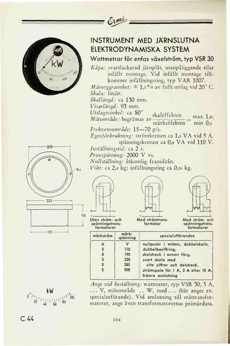 & ^ """Hmw^ so,oo INSTRUMENT MED JÄRNSLUTNA ELEKTRODYNAMISKA SYSTEM Wattmetrar för enfas växelström, typ SR 30 Kåpa: svartlackerad järnplåt, utanpåliggande eller infällt montage.