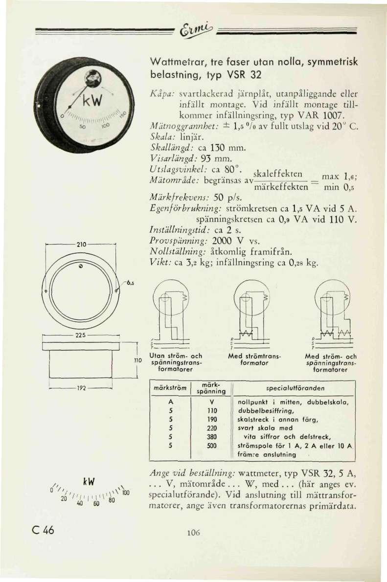&2& /kw Wattmetrar, tre faser utan nolla, symmetrisk belastning, typ SR 32 Kapa: svartlackerad järnplåt, utanpaligg.inde eller infällt montage.