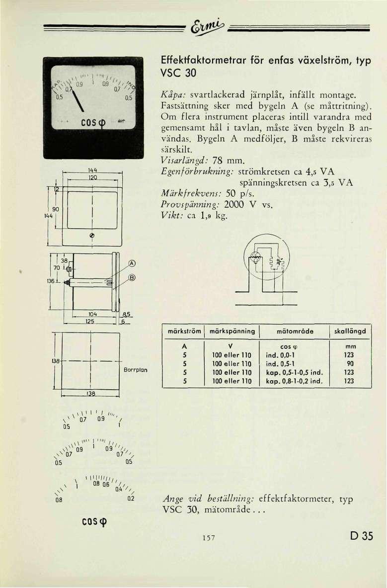 ( w ^.,,1, - 1 90 44 1 1?Q 1 1 Effektfaktormetrar för enfas växelström, typ SC 30 Kåpa: svartlackerad järnplåt, infällt montage. Fastsättning sker med bygeln A (se måttritning).