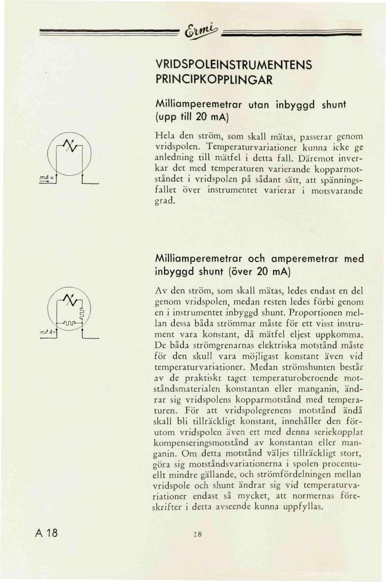 &*^ RIDSPOLEINSTRUMENTENS PRINCIPKOPPLINGAR Milliamperemetrar utan inbyggd shunt (upp till ma) Hela den ström, som skall mätas, passerar genom vridspolen.