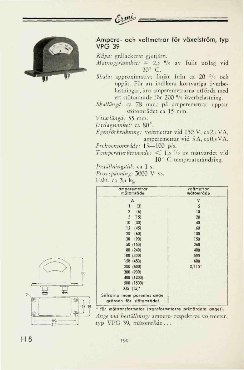 &0M Ampere- och voltmetrar för växelström, typ PG 39 Kåpa: grålackerat gjutjärn. Mätnoggrannhet: 2,s /o av fullt utslag vid C Skala: approximativt linjär från ca /o och uppåt.