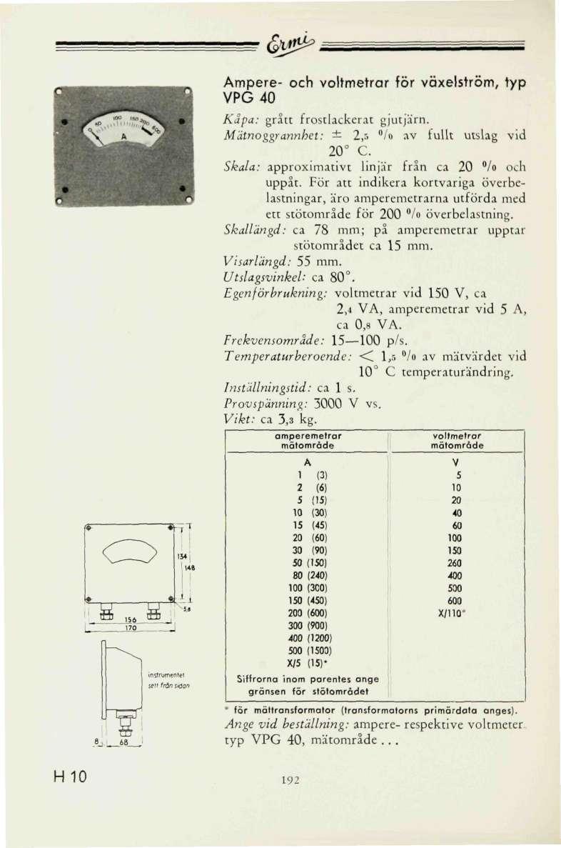 &M& Ampere- och voltmetrar för växelström, typ PG40 Kapa: grått frostlackerat gjutjärn. Mätnoggrannhet: ± 2, /o av fullt utslag vid C. Skala: approximativt linjär från ca /o och uppåt.