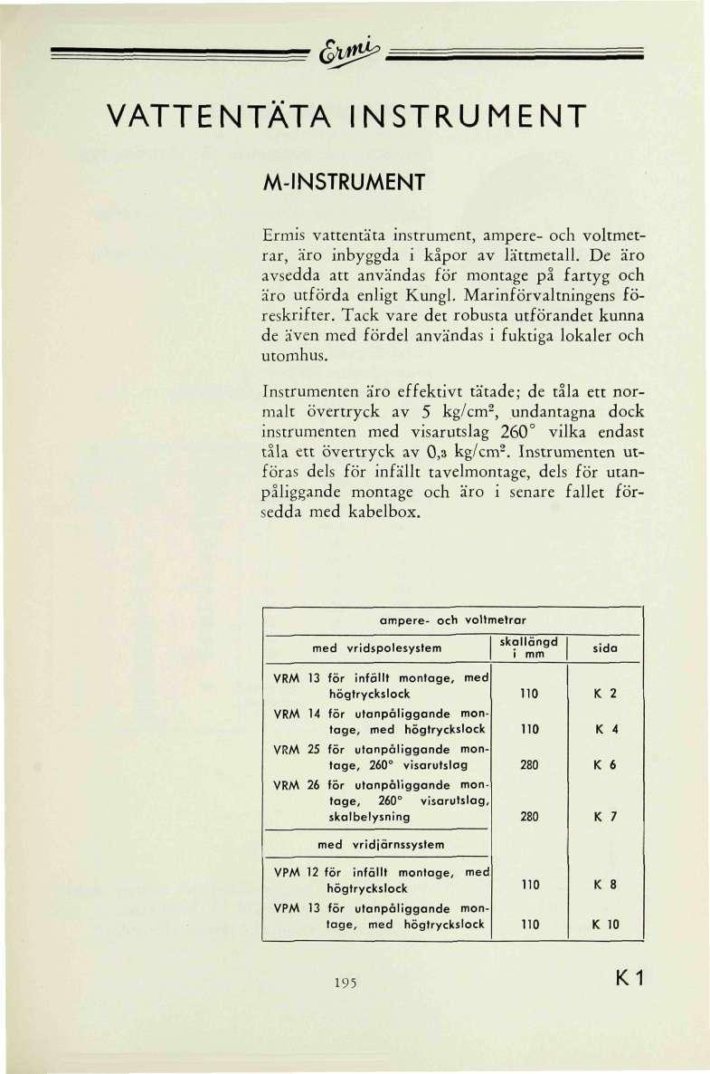fr*** ATTENTÄTA INSTRUMENT M-INSTRUMENT Ermis vattentäta instrument, ampere- och voltmetrar, äro inbyggda i kåpor av lättmetall.
