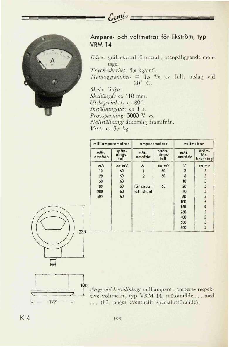 & ^ Ampere- och voltmetrar för likström, typ RM 14 Mätnoggrannhet: ± 1, /o av fullt utslag vid C. Skala: linjär. Skallängd: ca 1 mm. Utslagsvinkel: ca 80. Inställningstid: ca 1 s.